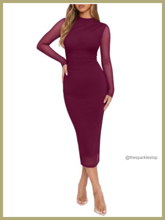 Dresses & Skirts - Mesh Sheer Long Sleeve Bodycon Midi Dress, Mock Neck Wedding Guest Cocktail